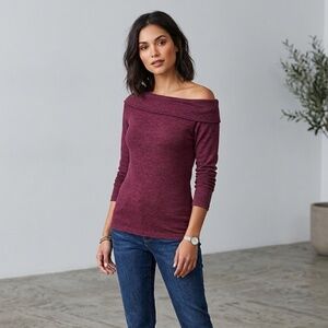 Charlotte Russe Burgundy Off the Shoulder Long Sleeve Top XS Space Dye Knit